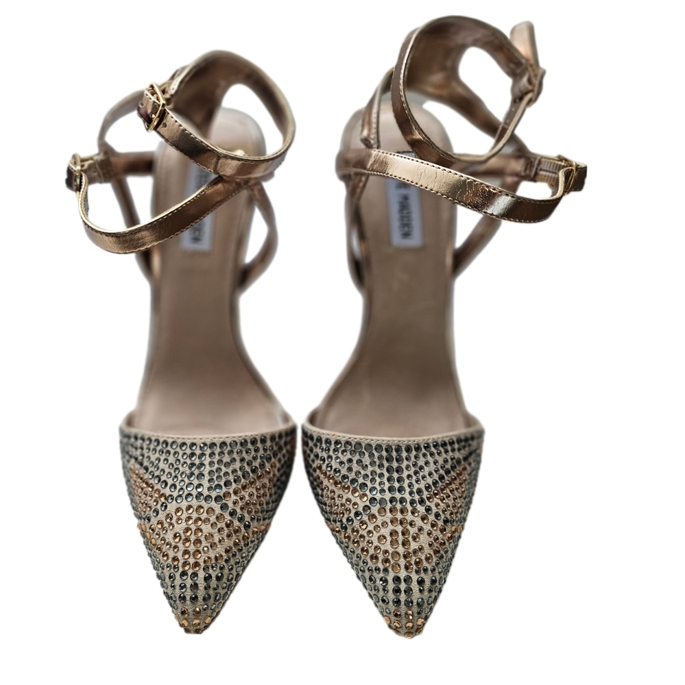 Steve Madden Metallic Gold Pointed Toe Rhinestone Ankle-Strap Heels